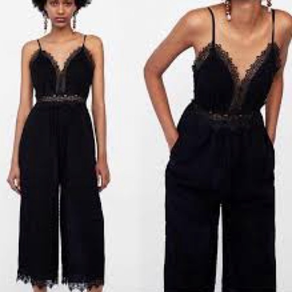 Zara Pants - Zara black lace eyelet trim crop jumpsuit size xs
